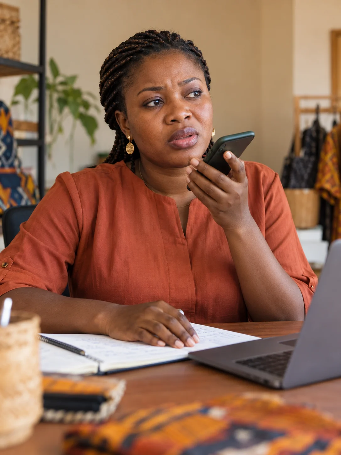 Entrepreneure en blouse orange tenant son téléphone